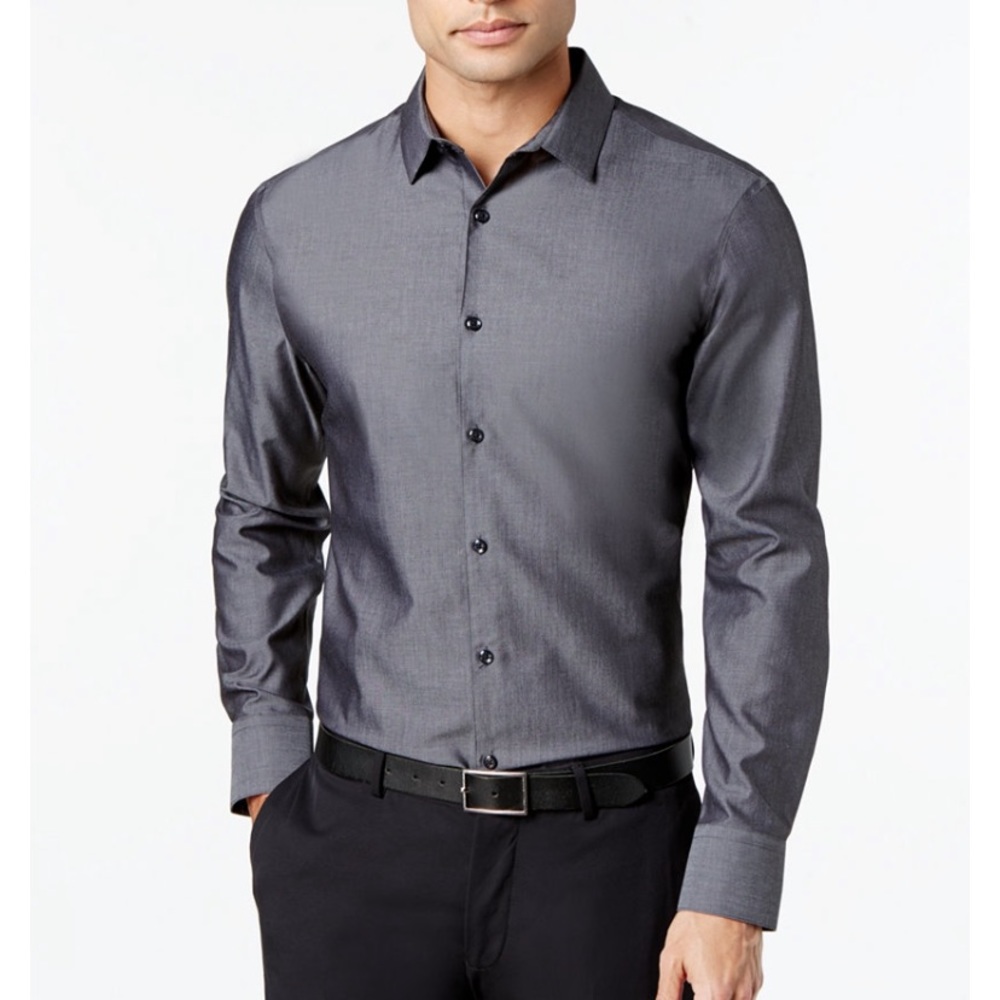 PENGUIN grey blue classic dress shirt work cotton